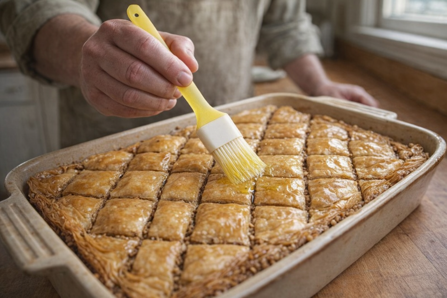 A 45-degree angle shot of a baking pan filled with baklava, scored into diamond shapes, being brushed with clarified butter